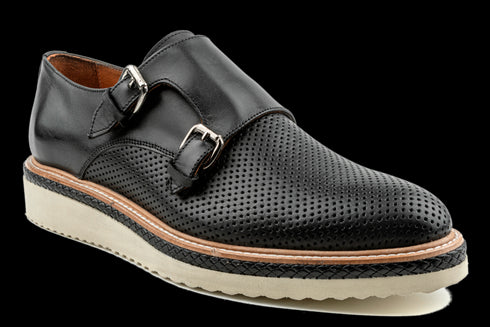 Double Monk Strap Dress Sneakers with Perforated Design in Black